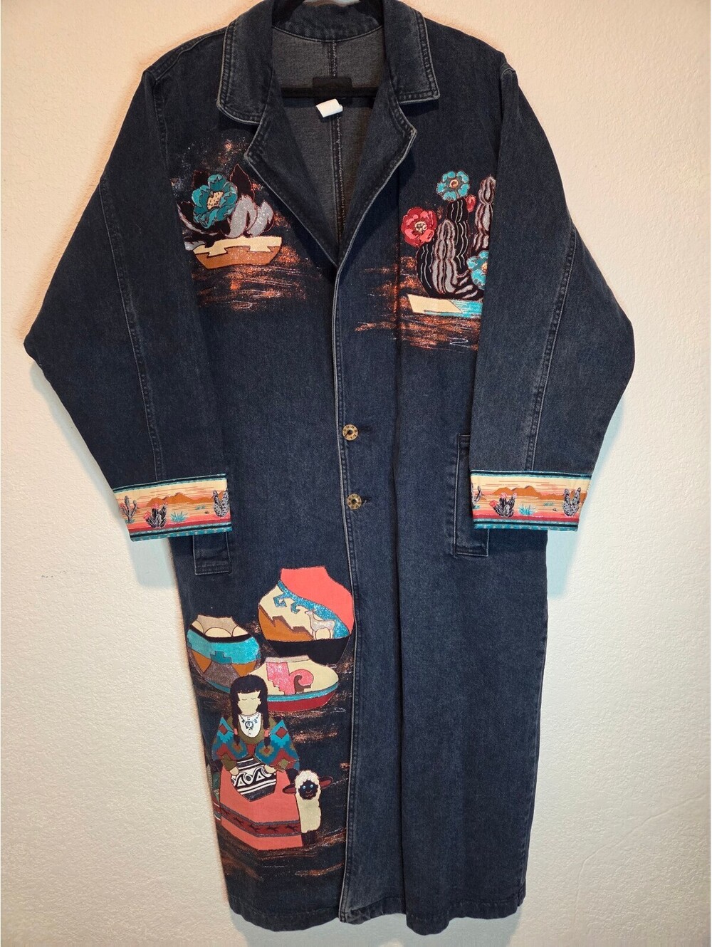 Sunbelt Vintage Long Denim Jacket with Southwestern Painted Design, One Size